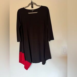 Sun Kim Asymmetrical Tunic Blouse Top 3/4 Sleeve Black Red XS EUC